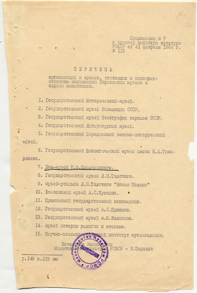 Приказ Министра культуры РСФСР  от 21 февраля 1964 г. № 119  "О подчинённости учреждений, организаций и предприятий культуры непосредственного подчинения Министерству культуры РСФСР. ГМИК КП 5640, Ф.10, оп.1, ед. хр. 51